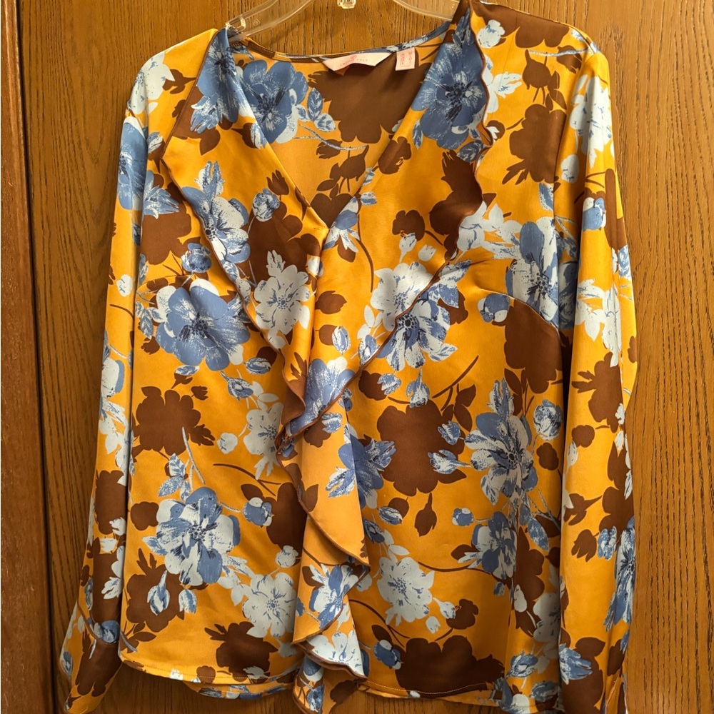 Laurie Felt Gold Ruffled Wrap Blouse with Notched Collar
